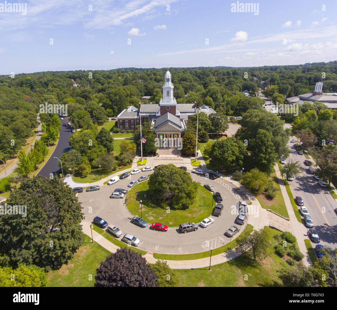 Newton City Hall aerial view in downtown Newton, Massachusetts, USA ...