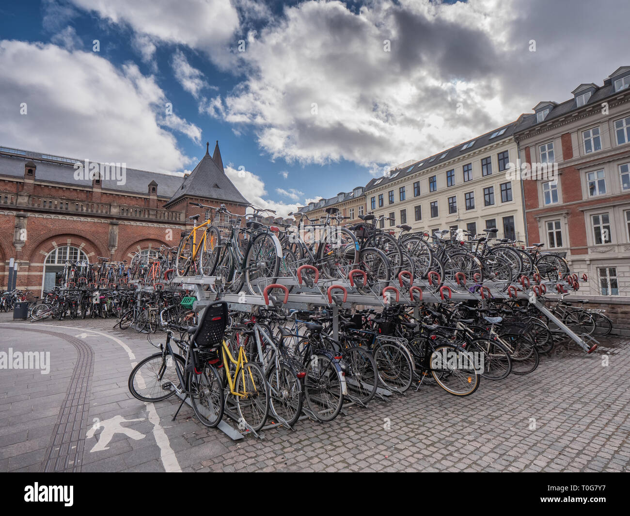 Bicycle parking in two decks at Copenhagen main rail staion, Denmark Stock Photo