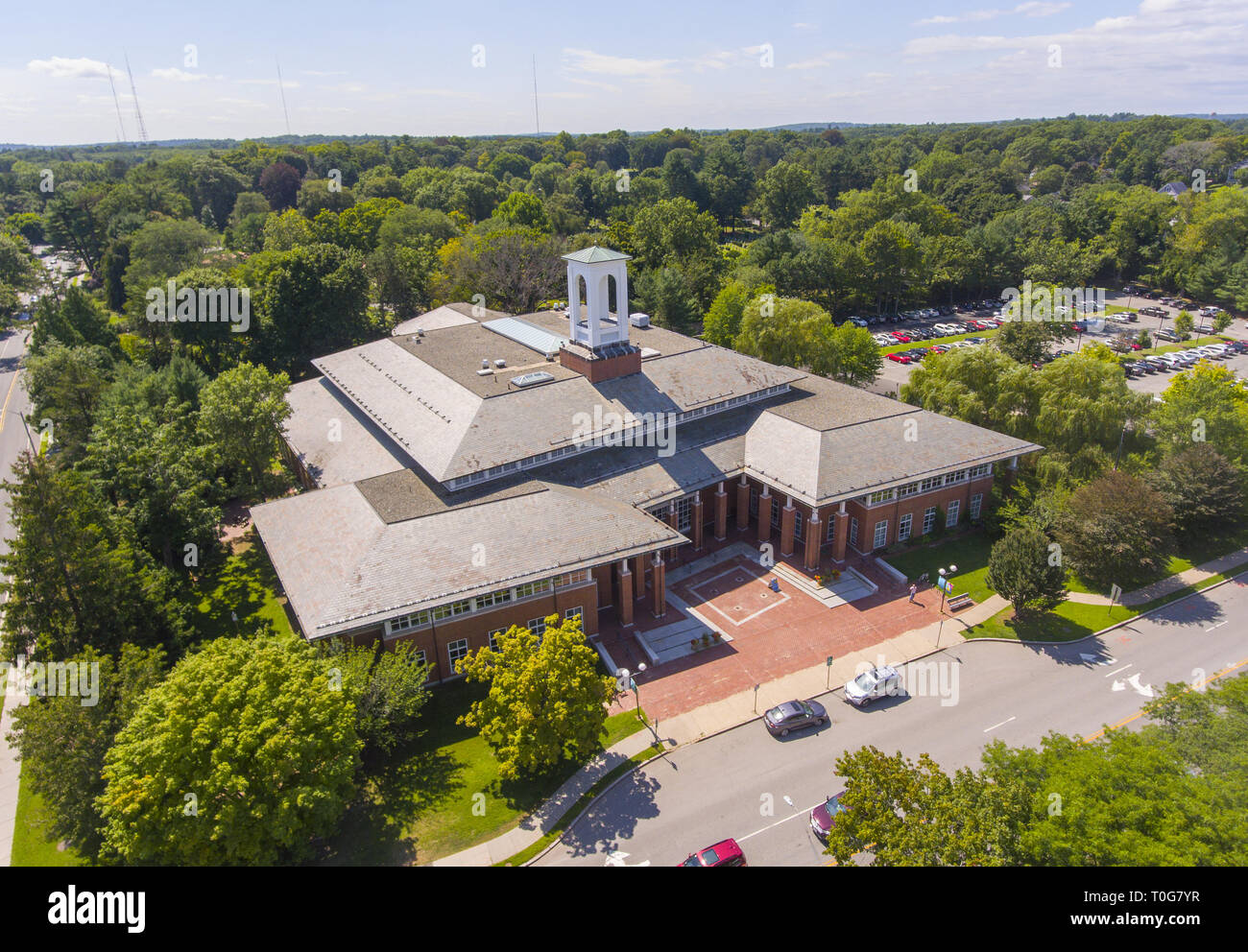 Newton Free Library aerial view in downtown Newton Massachusetts USA