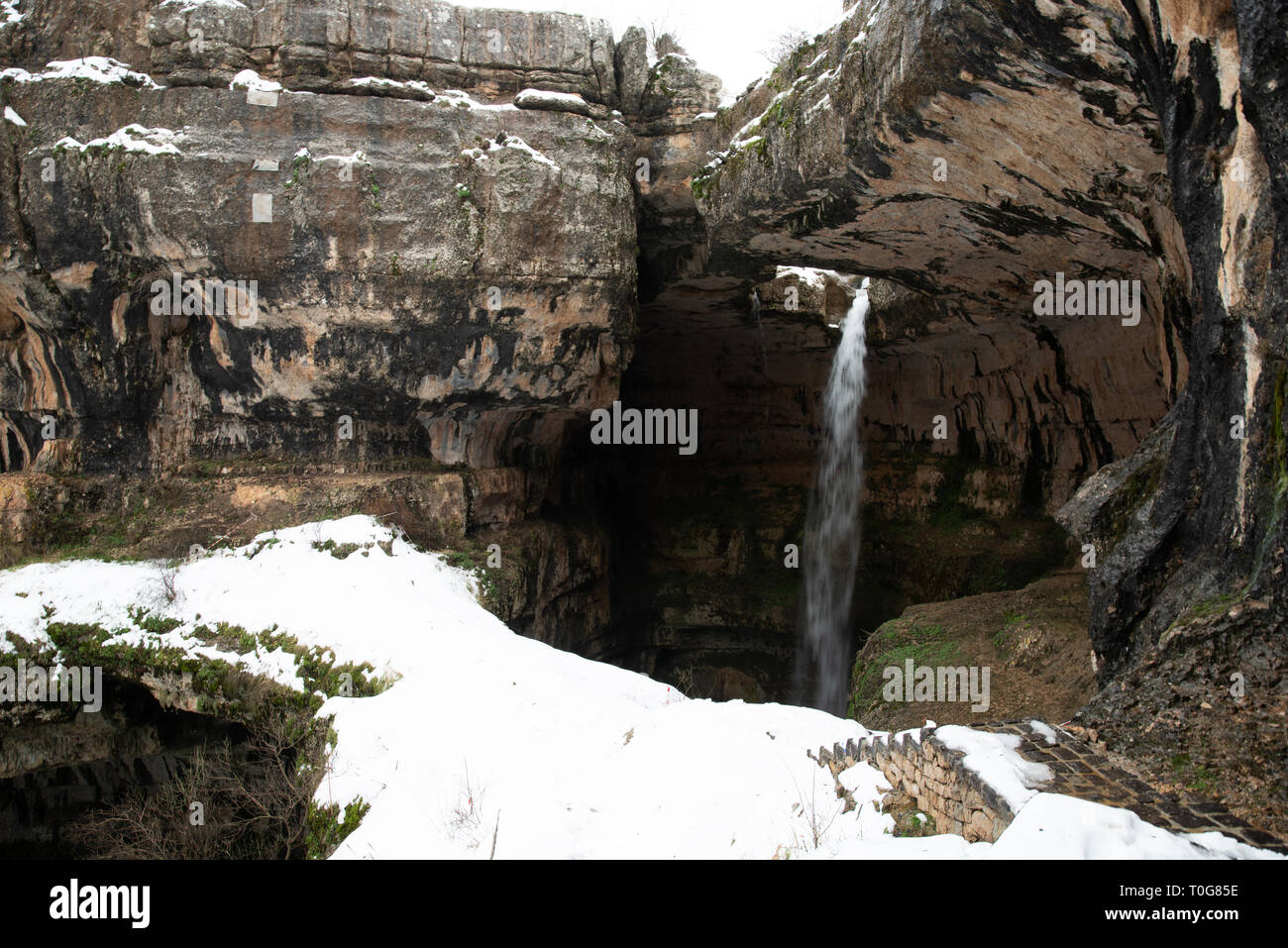 Baatara waterfall, near Tannourine, Lebanon drops 250m through