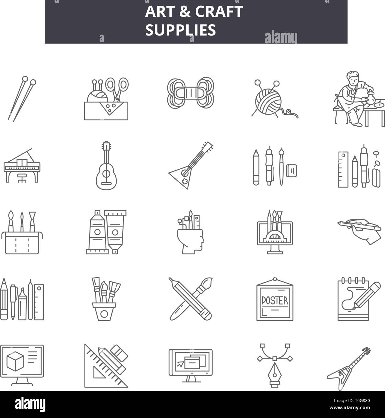Art & craft supplies line icons for web and mobile design. Editable