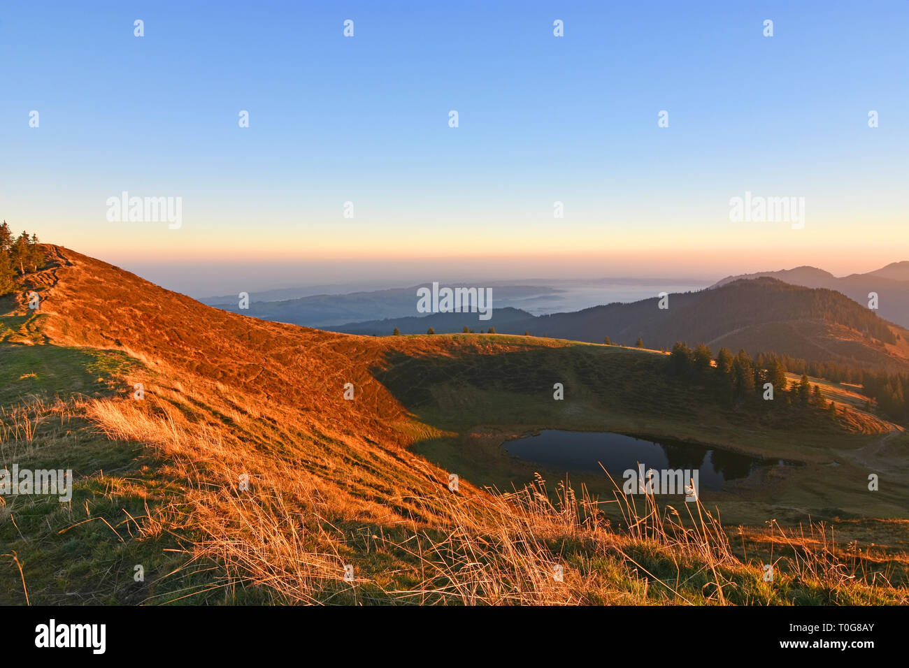 Colorful sunrise in the Allgaeu Alps (Bavaria, Germany). Hills, red grass, forest and a little lake. Mist above the plains Stock Photo