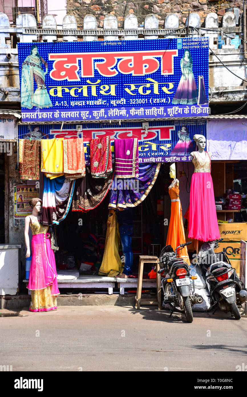 Indian fashion store, Bundi, Rajasthan, India Stock Photo