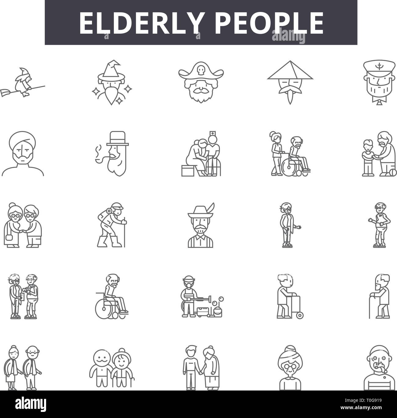 Elderly people line icons for web and mobile design. Editable stroke signs. Elderly people  outline concept illustrations Stock Vector