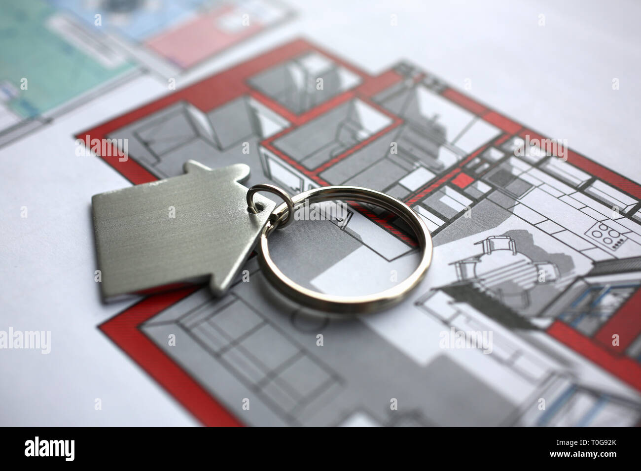 Metal key chain in form miniature house lies Stock Photo