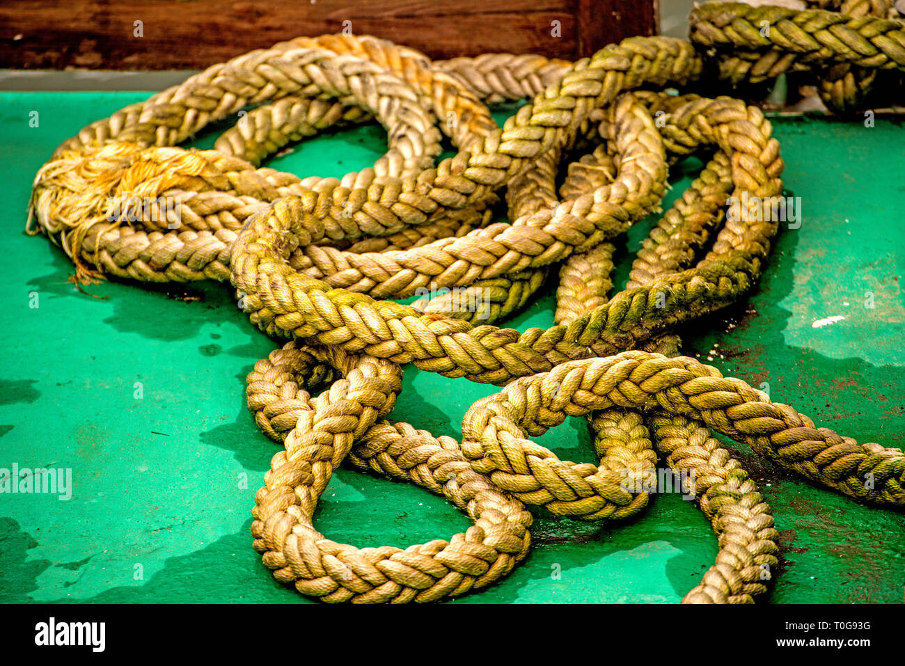 rope on a pier floor Stock Photo