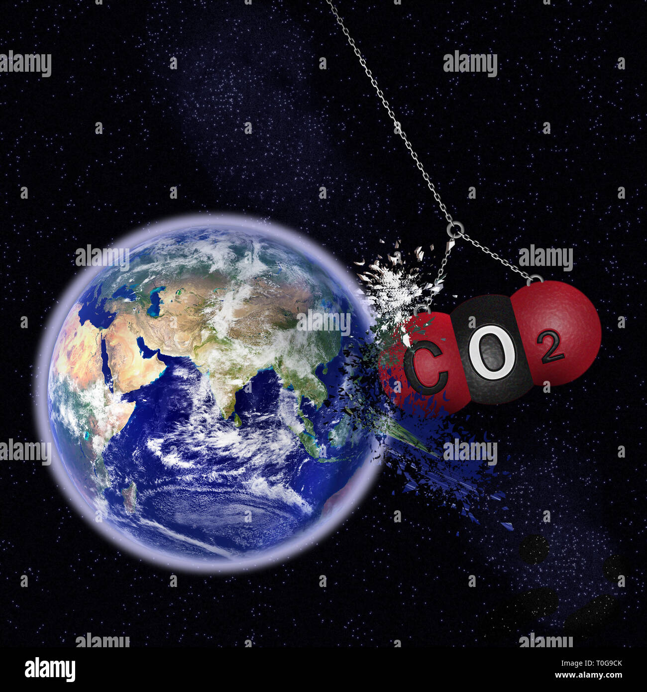 Global warming. Planet earth under from a wrecking ball made from a molecule of CO2. Stock Photo