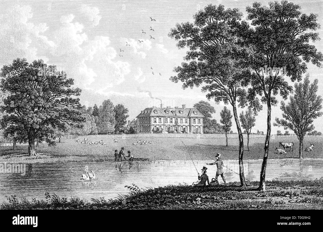 An engraving of Highnam Court, a Seat of Sir Berkeley William Guise, Gloucestershire UK scanned at high resolution from a book published in 1825. Stock Photo