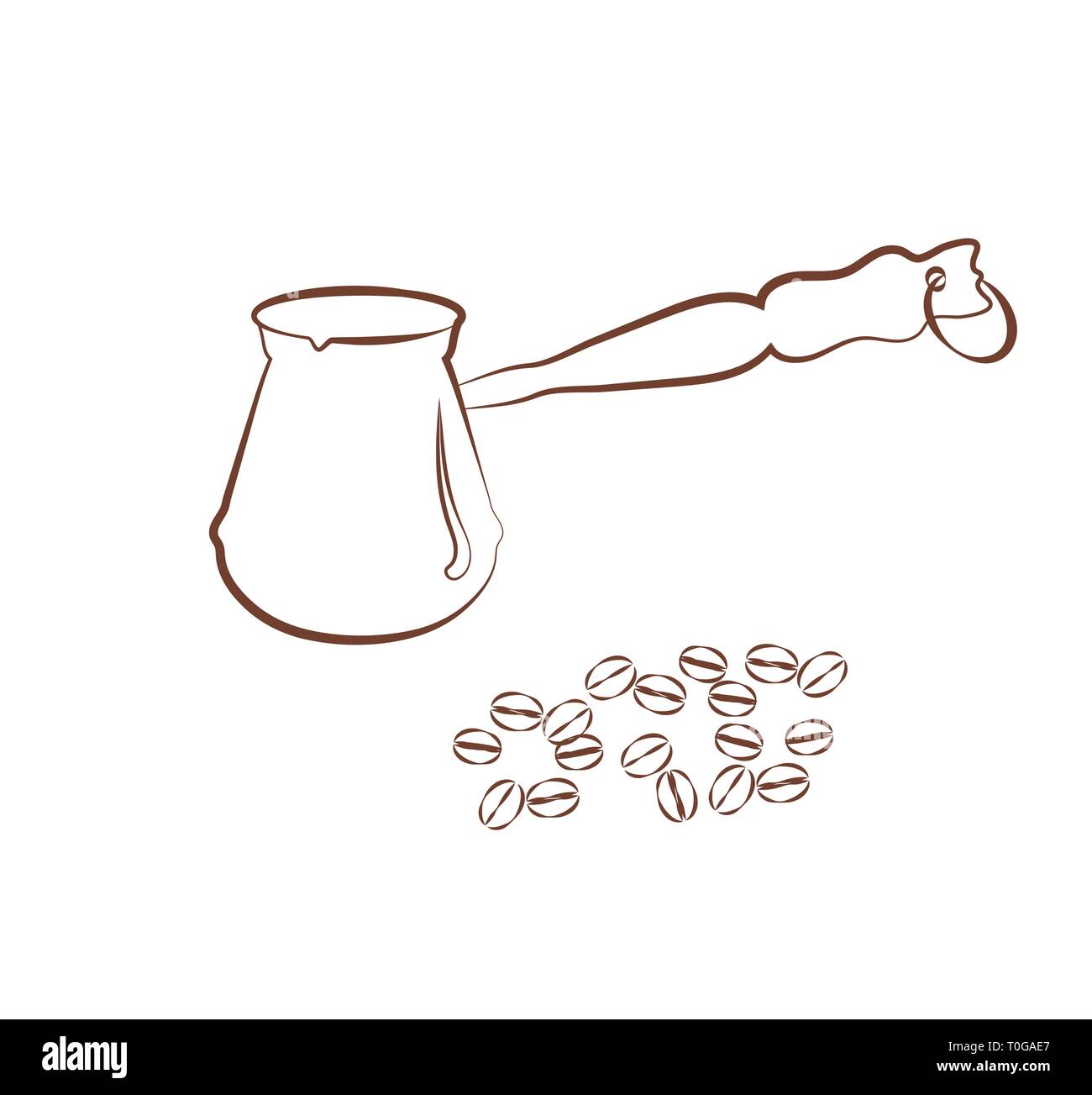 Simple illustration of a traditional coffee pot and coffee beans. Brown cezve silhouette isolated on white background. Contour emblem. Vector card for Stock Vector