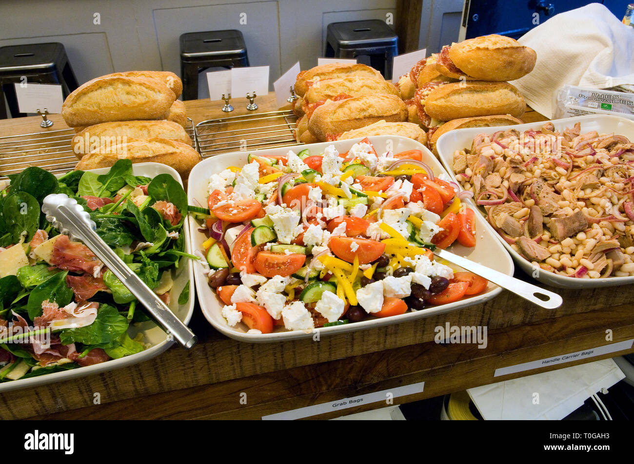 Prepared food and salads ready for sale in Fernandez & Wells Soho, London. Stock Photo