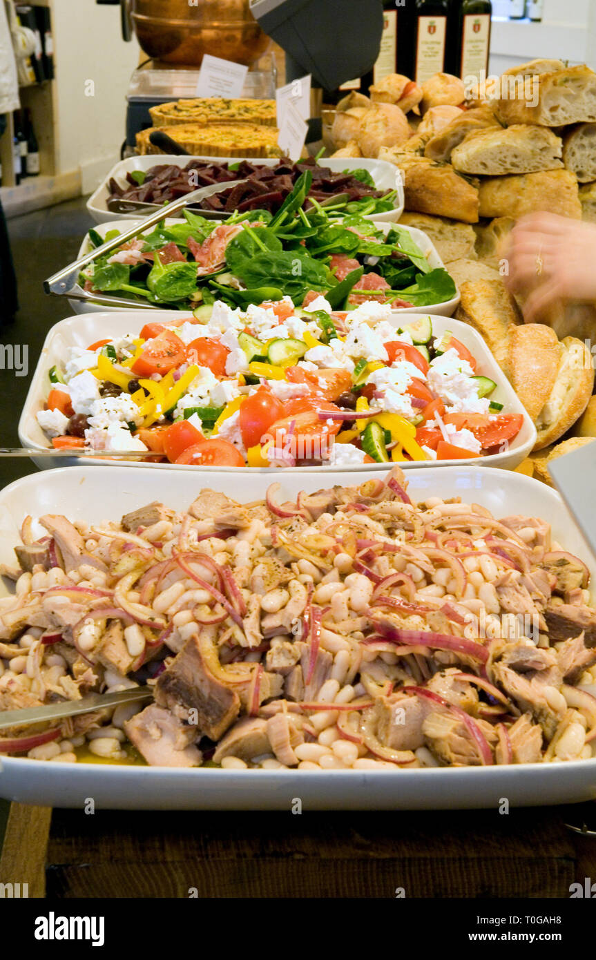 Prepared food and salads ready for sale in Fernandez & Wells Soho, London. Stock Photo