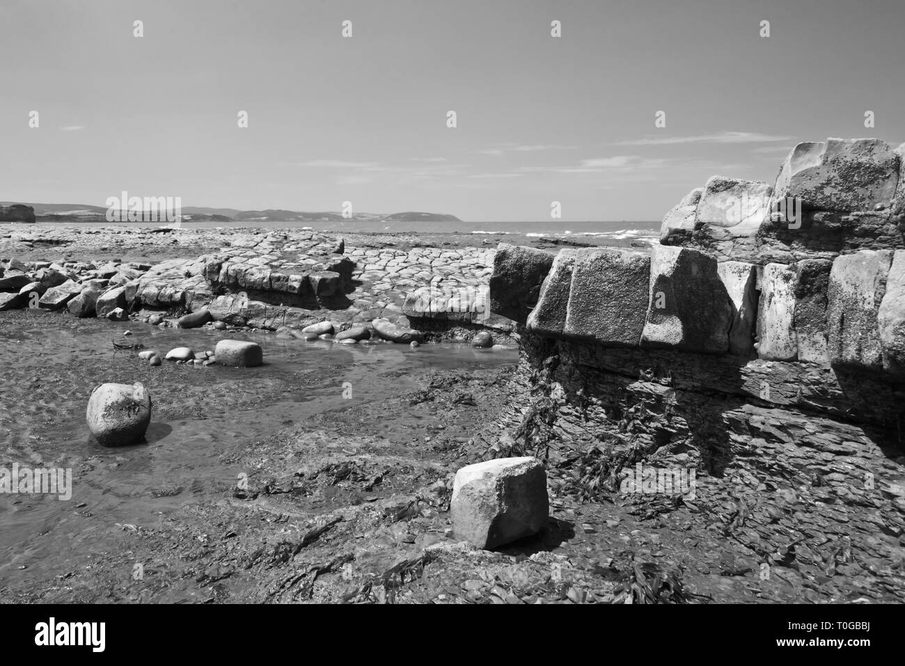 The exposed ledges and rock strata along the foreshore on the Bristol ...