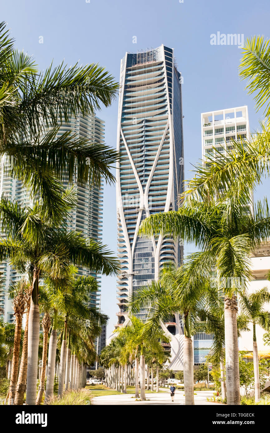 Looking up at One Thousand Museum, by architect Zaha Hadid, high-rise, residential, condominium under construction in Miami, Florida, U.S.A Stock Photo