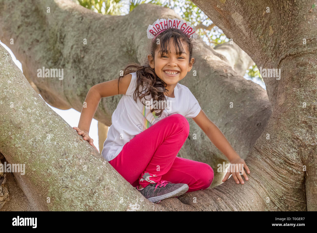 A happy birthday, the girl smiles from the top of the tree. She is so excited to reach the top of a large banyan tree on her birthday. Stock Photo