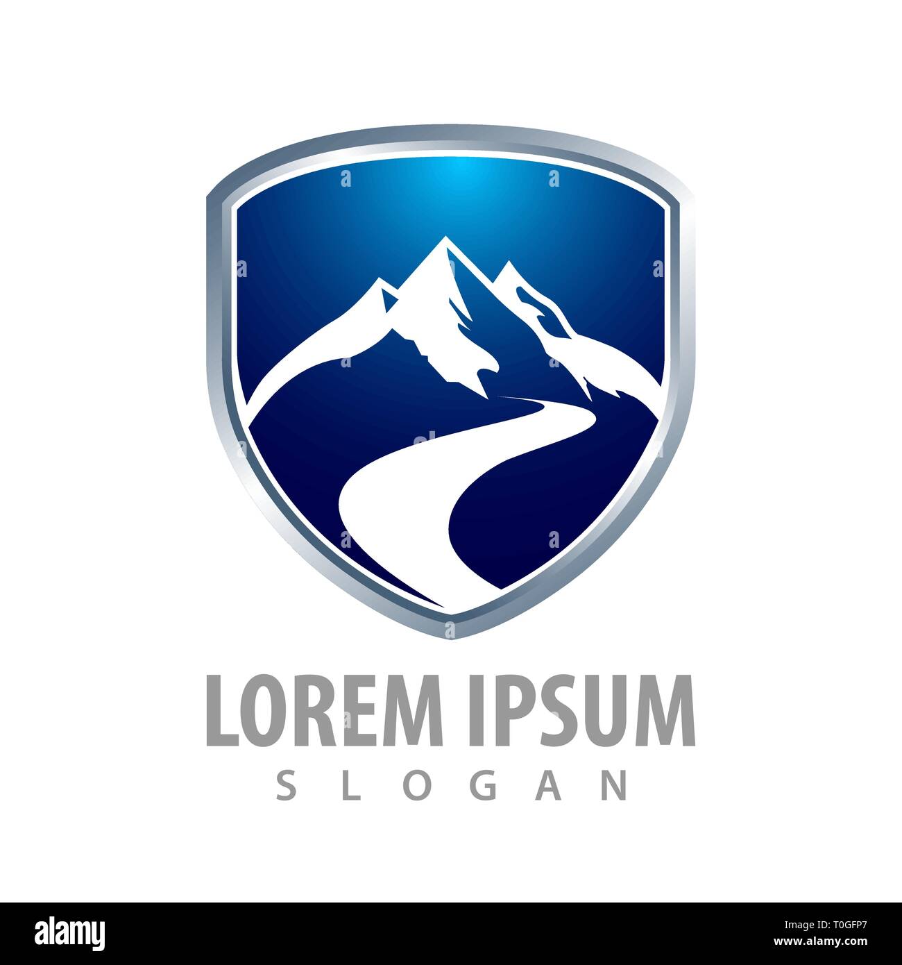 Mountain shield concept design. Symbol graphic template element Stock Vector