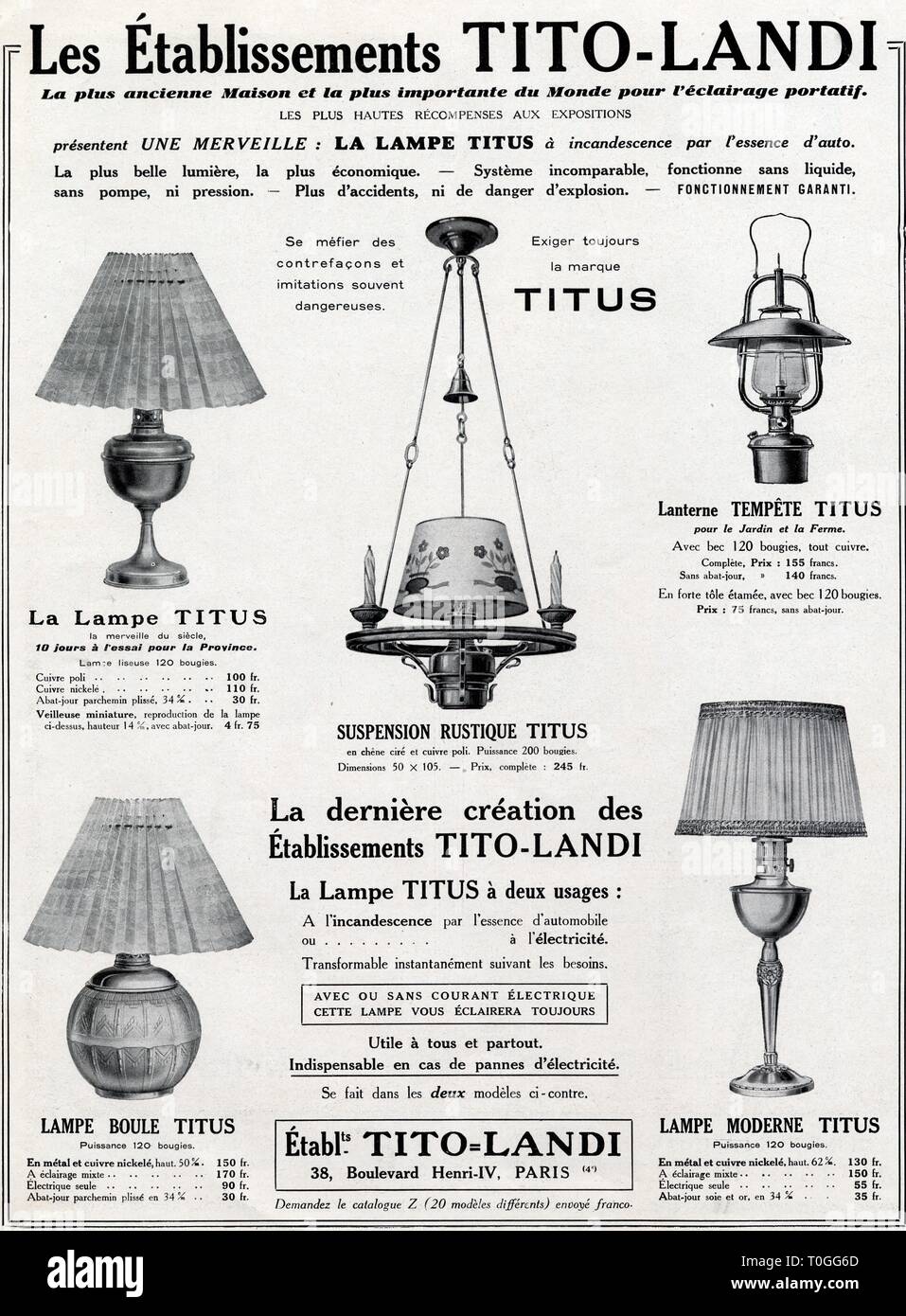 Publicité ancienne . Les établissements Tito-Landi. 1 mars 1930 Stock Photo