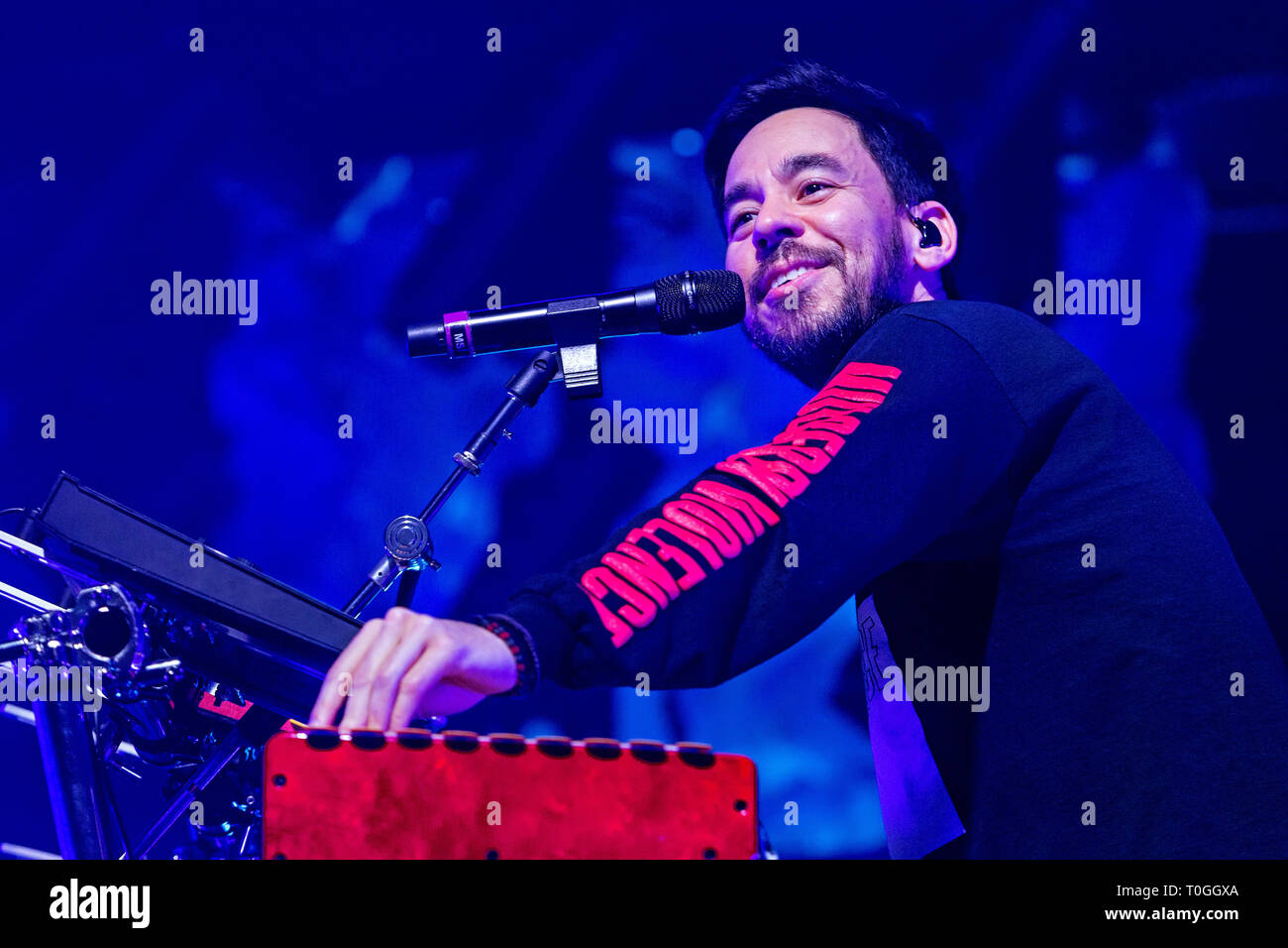 Mike Shinoda, singer of Linkin Park music band, performs during his show in which he presents his solo project, the Post Traumatic album, on March 19, Stock Photo