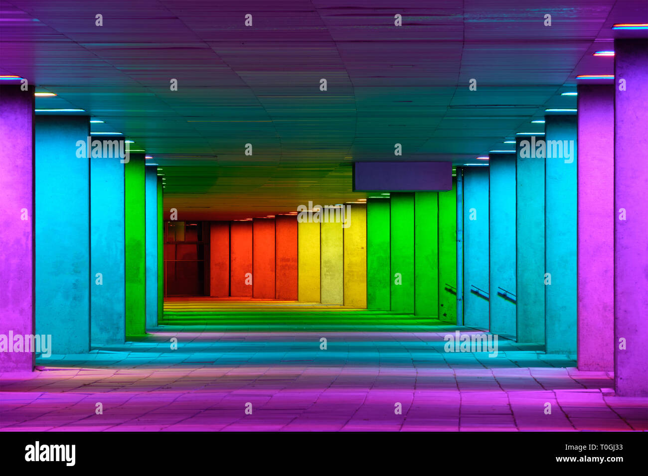 Colorful mulitcolord illuminated gallery tunnel near Museum Park, Rotterdam, The Netherlands Stock Photo
