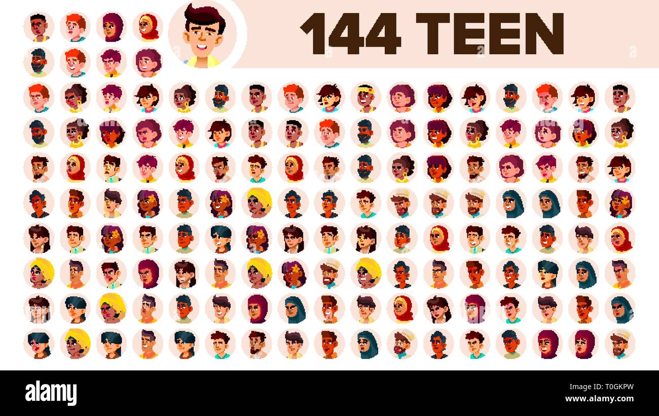Teenager Avatar Set Vector. Girl, Guy. Multi Racial. Face Emotions. Multinational User People Portrait. Male, Female. Ethnic. Icon. Asian, African Stock Vector