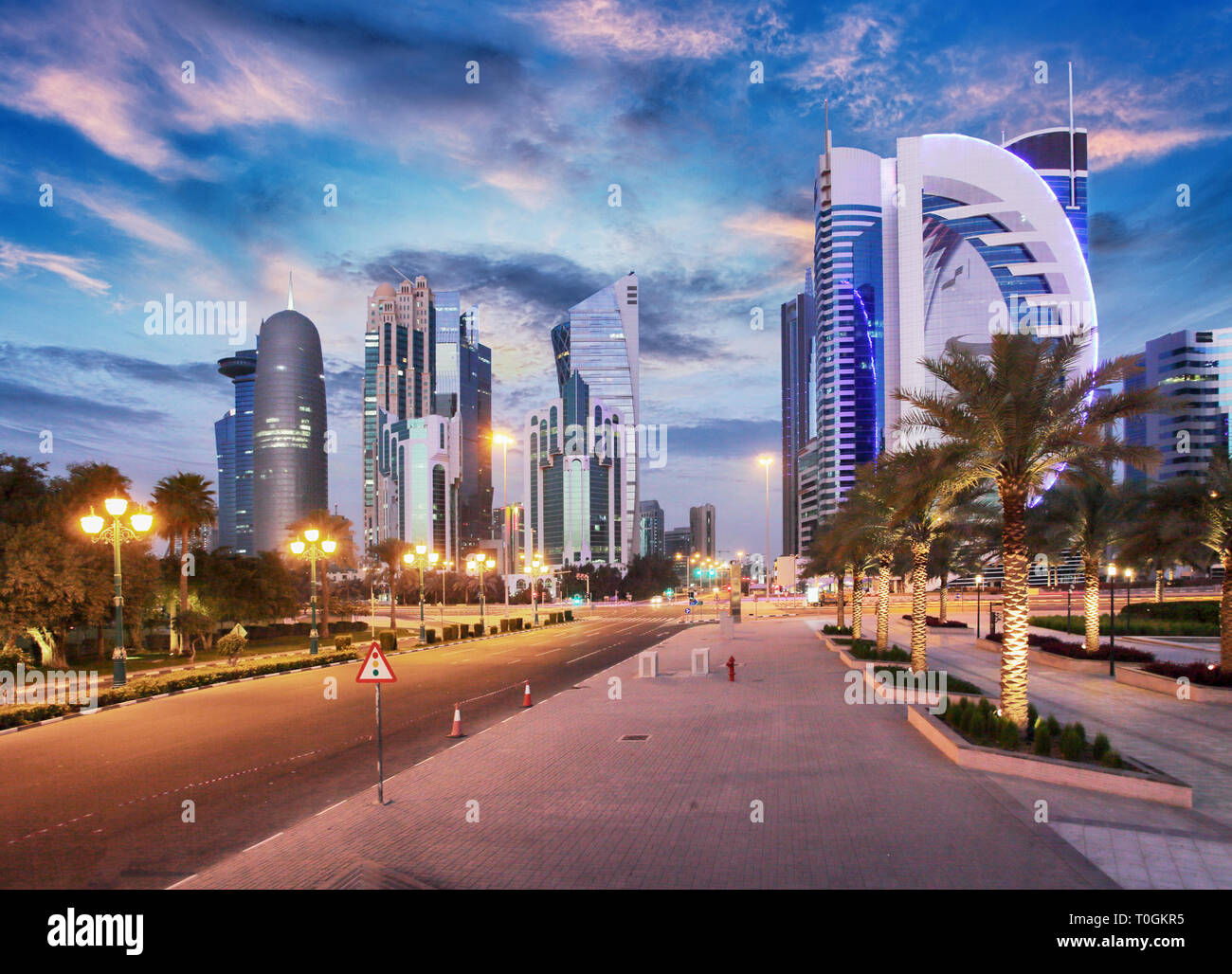 Doha skyline of West Bay Center during sunrise, Qatar Stock Photo Alamy