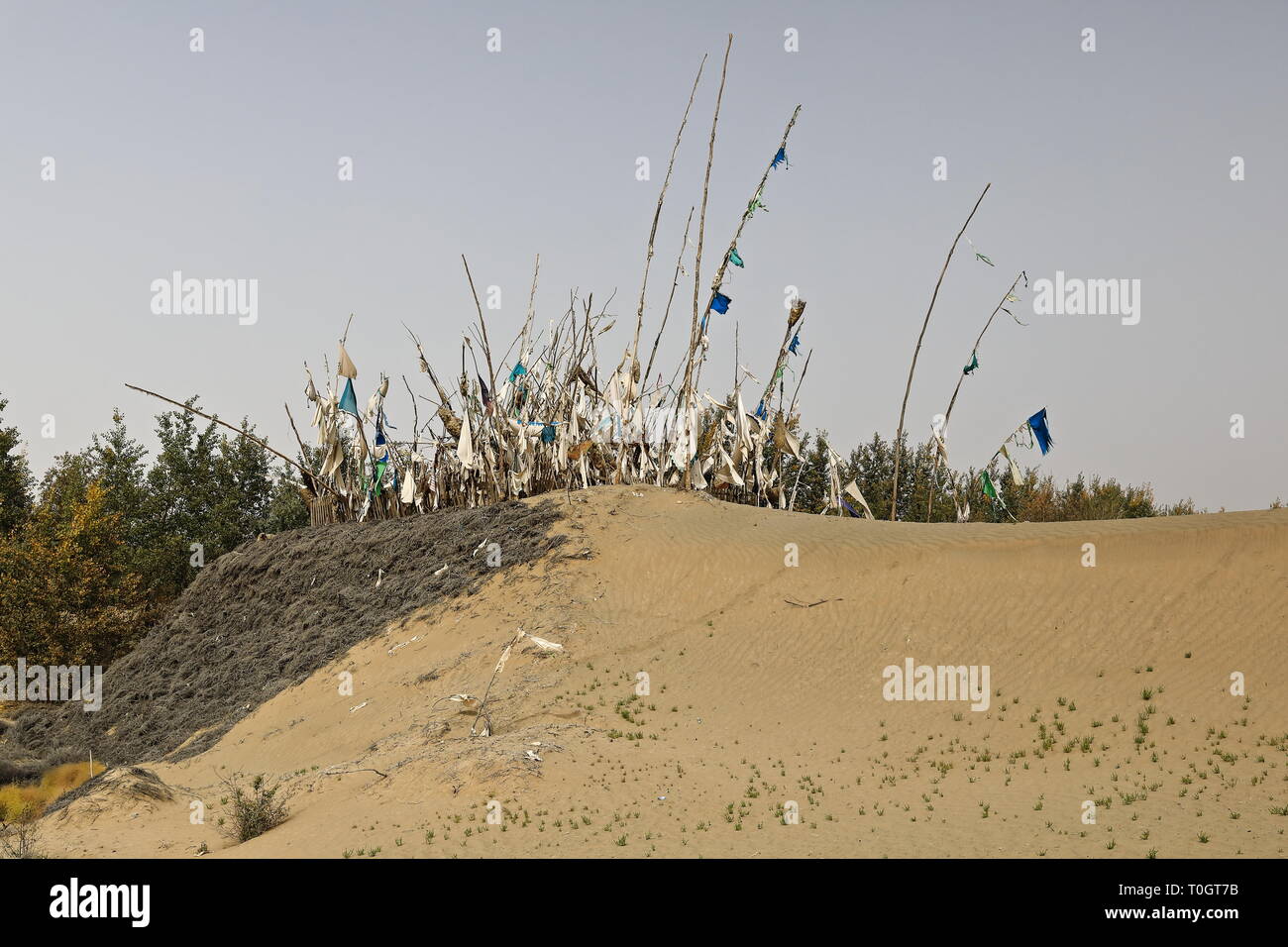 Votive flags-burial mound-Imam Asim's mazar or mausoleum area-Taklamakan Desert. Hotan-Xingjiang-China-0046 Stock Photo