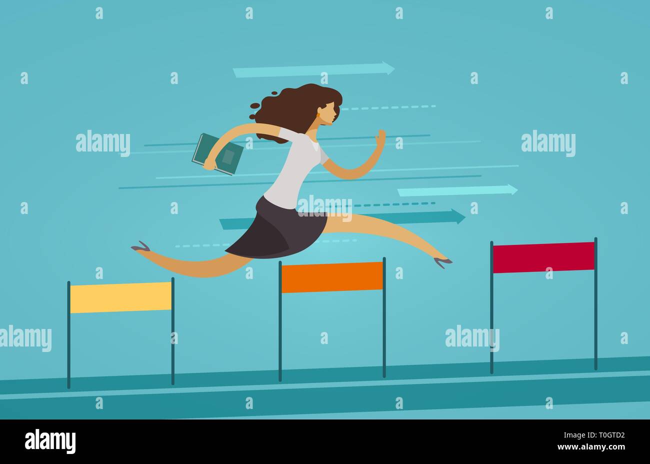 Businesswoman runs on obstacle course. Business concept. Vector illustration Stock Vector