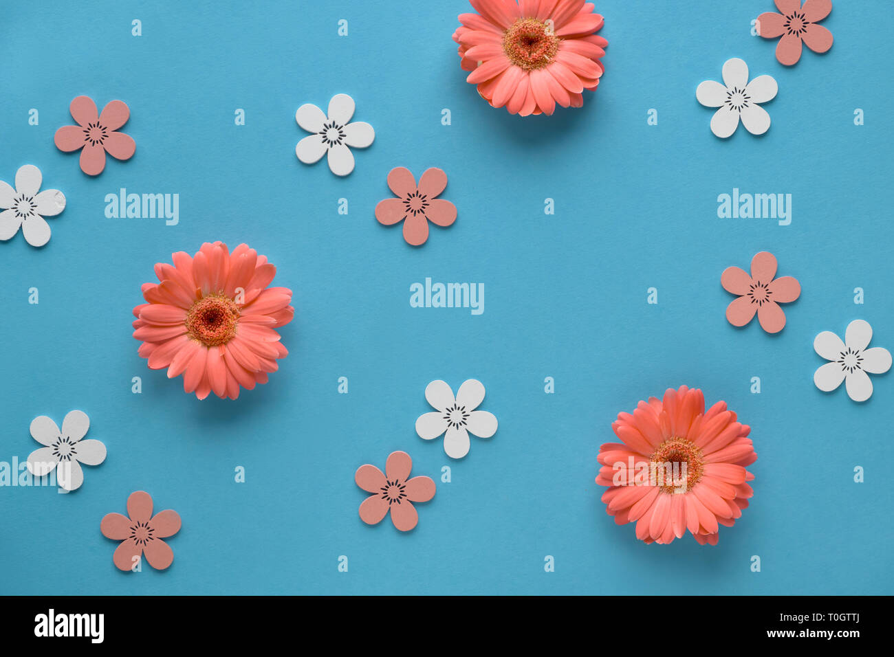 Coral gerbera daisy flowers and craft papper shopping bags on green paper background, Springtime sale concept image with copy-space Stock Photo