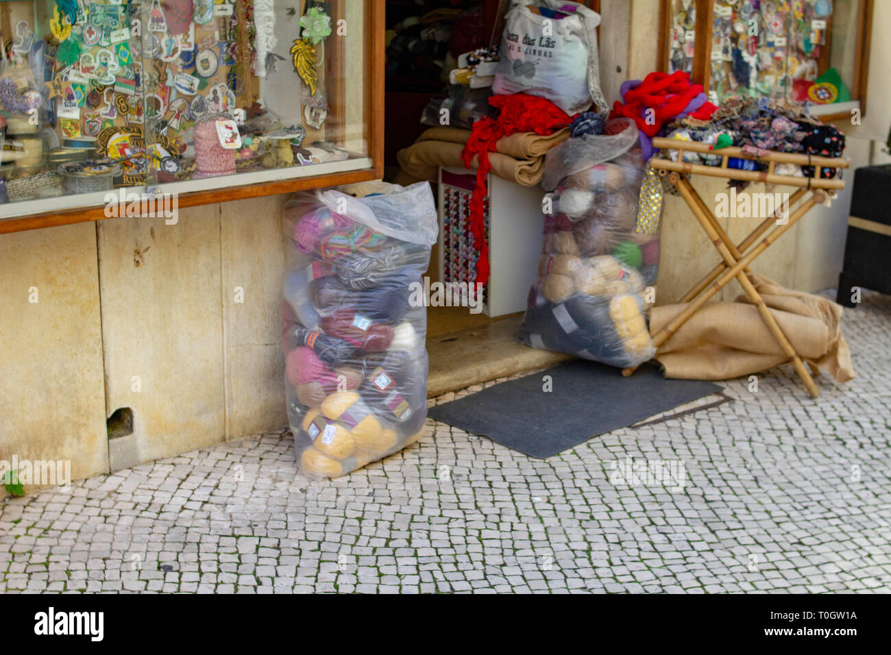 Loulé, Portugal. Bags of wool outside a retail store in Loulé, Portugal Stock Photo