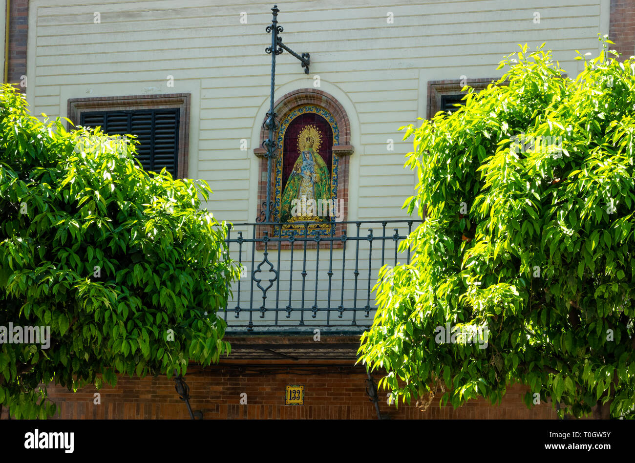 Orange trees framing a portrait of the Virgen de la Macarena in Seville Stock Photo