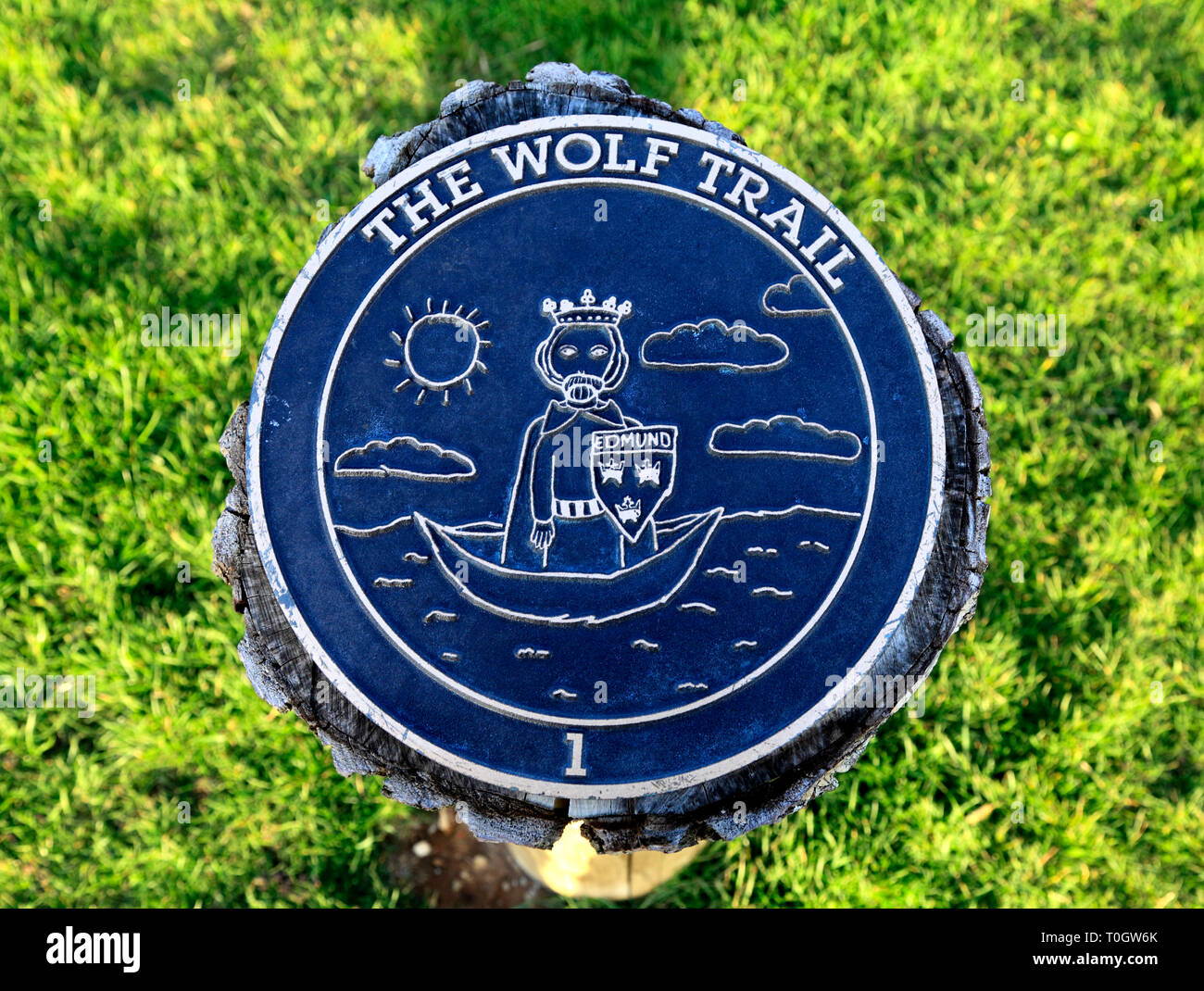 St. Edmund, The Wolf Trail, Esplanade Gardens, Hunstanton, Norfolk, UK, commemorative, plaque Stock Photo