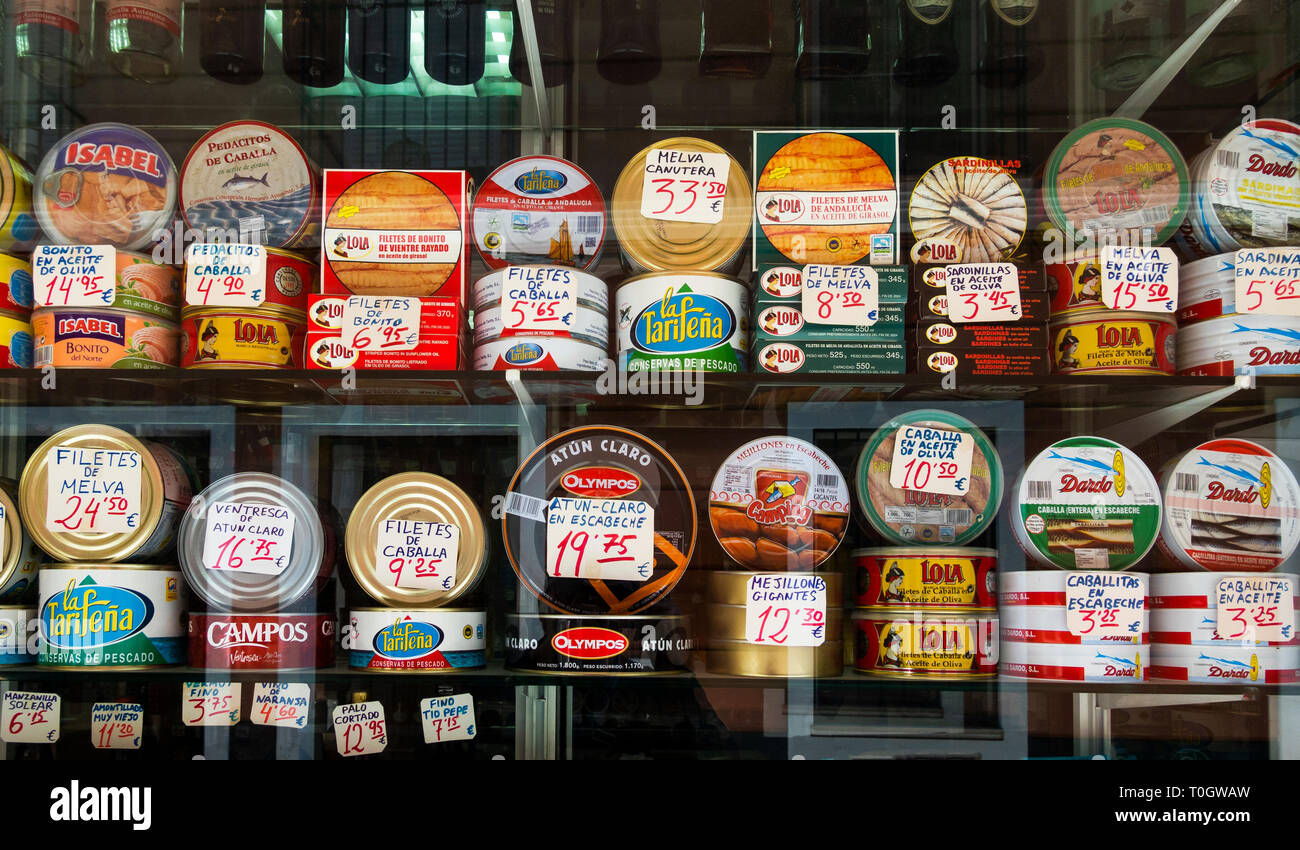 A selection of quality canned fish on display in a Seville shop window Stock Photo