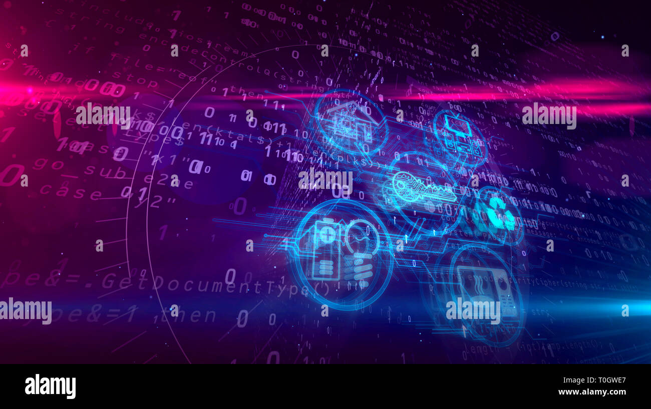 IOT Internet of things with devices symbols on digital background. House, energy, stove, key and audio video devices connected in network - concept 3D Stock Photo