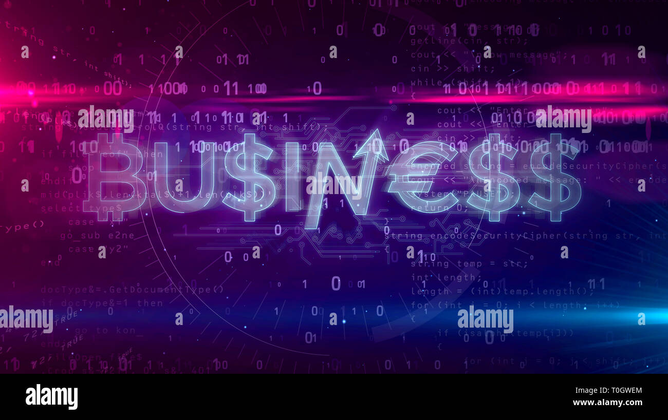 Business hologram concept on digital background. Bitcoin and crypto currency market, money, stocks, financial sucess, digital commerce and cyber busin Stock Photo