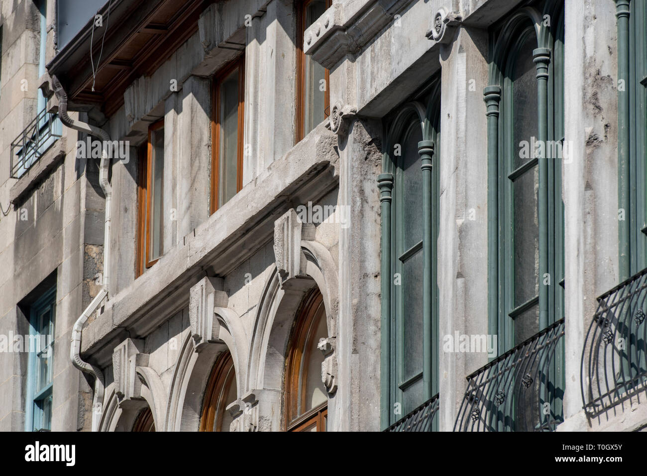 Old Montreal, Quebec, Canada. Closeup of concrete buildings with brown