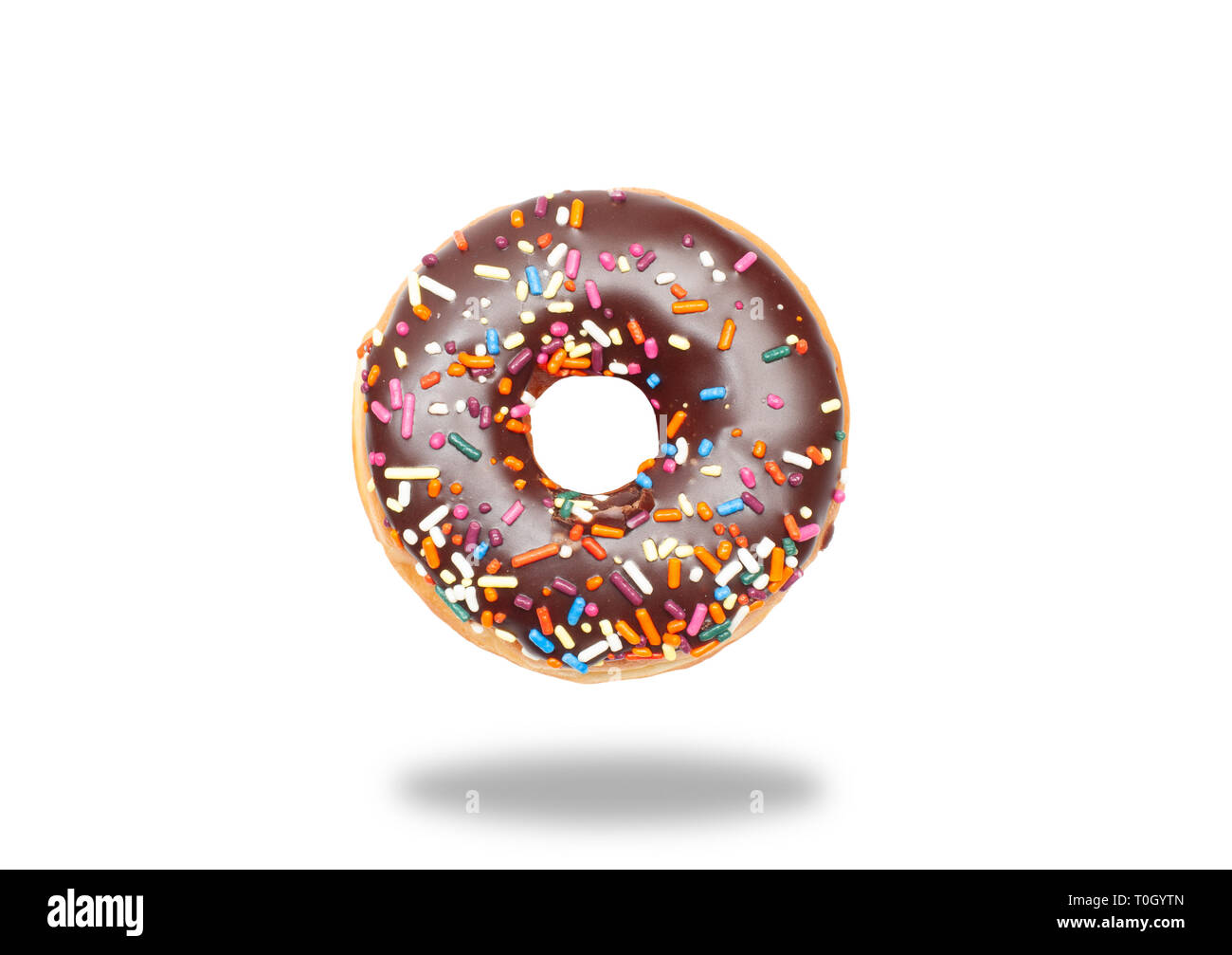 Chocolate donut with icing on white background Stock Photo - Alamy