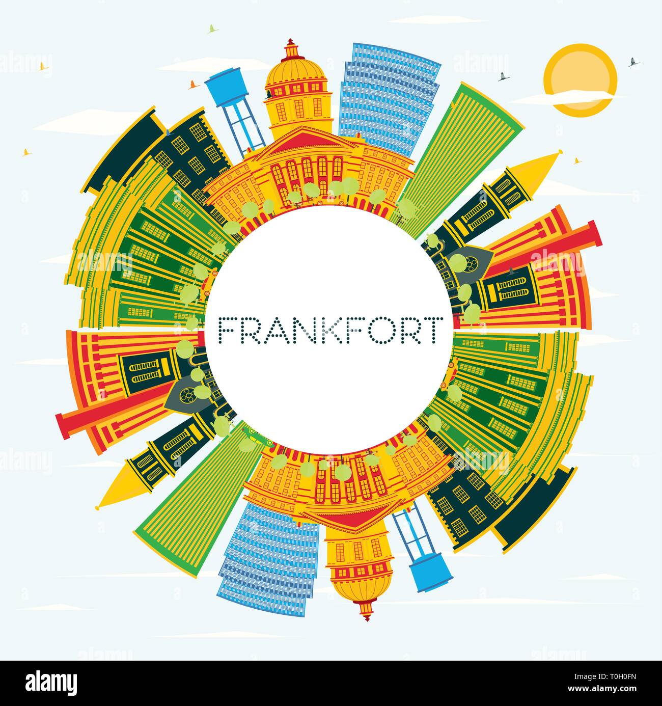 Frankfort Kentucky USA City Skyline with Color Buildings, Blue Sky and