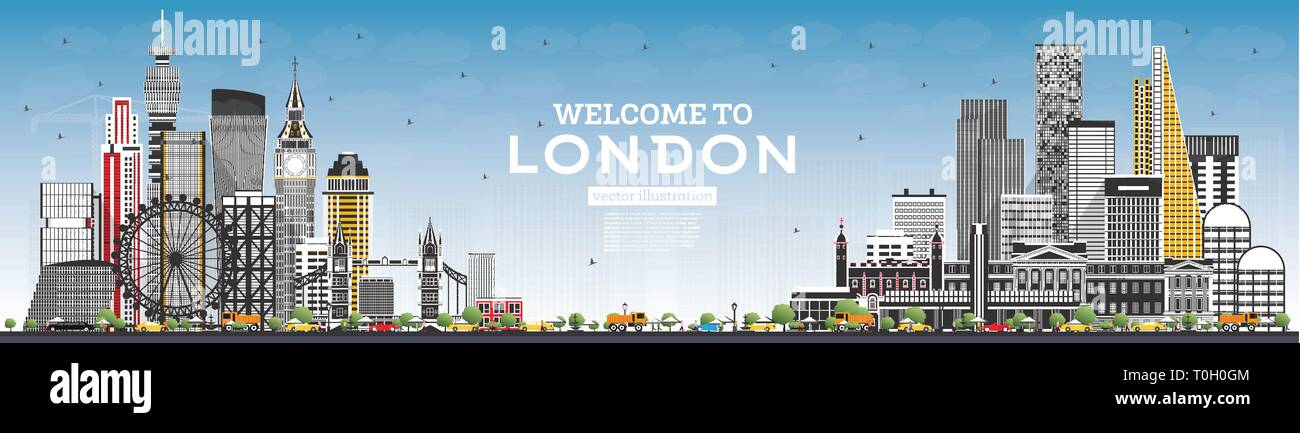 Welcome to London England Skyline with Gray Buildings and Blue Sky. Vector Illustration. Business Travel and Tourism Concept with Modern Architecture. Stock Vector