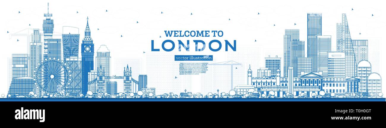 Outline Welcome to London England Skyline with Blue Buildings. Vector Illustration. Business Travel and Tourism Concept with Modern Architecture. Stock Vector