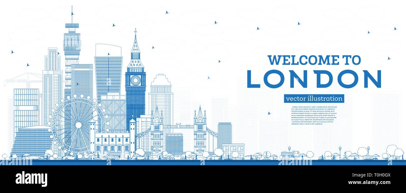 Outline Welcome to London England Skyline with Blue Buildings. Vector Illustration. Business Travel and Tourism Concept with Modern Architecture. Stock Vector