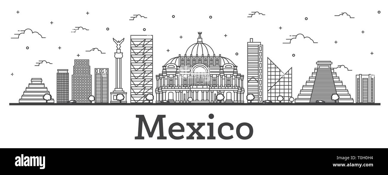 Outline Mexico City Skyline with Historical Buildings Isolated on White. Vector Illustration. Mexico Cityscape with Landmarks. Stock Vector