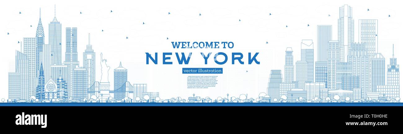 Outline Welcome to New York USA Skyline with Blue Buildings. Vector Illustration. Business Travel and Tourism Concept with Modern Architecture. Stock Vector