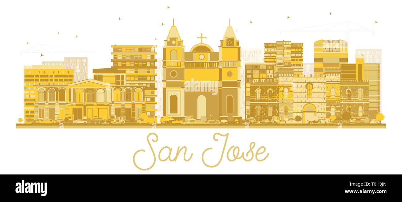San Jose Costa Rica City Skyline Silhouette with Golden Buildings Isolated on White. Vector Illustration. Tourism Concept with Modern Architecture. Stock Vector