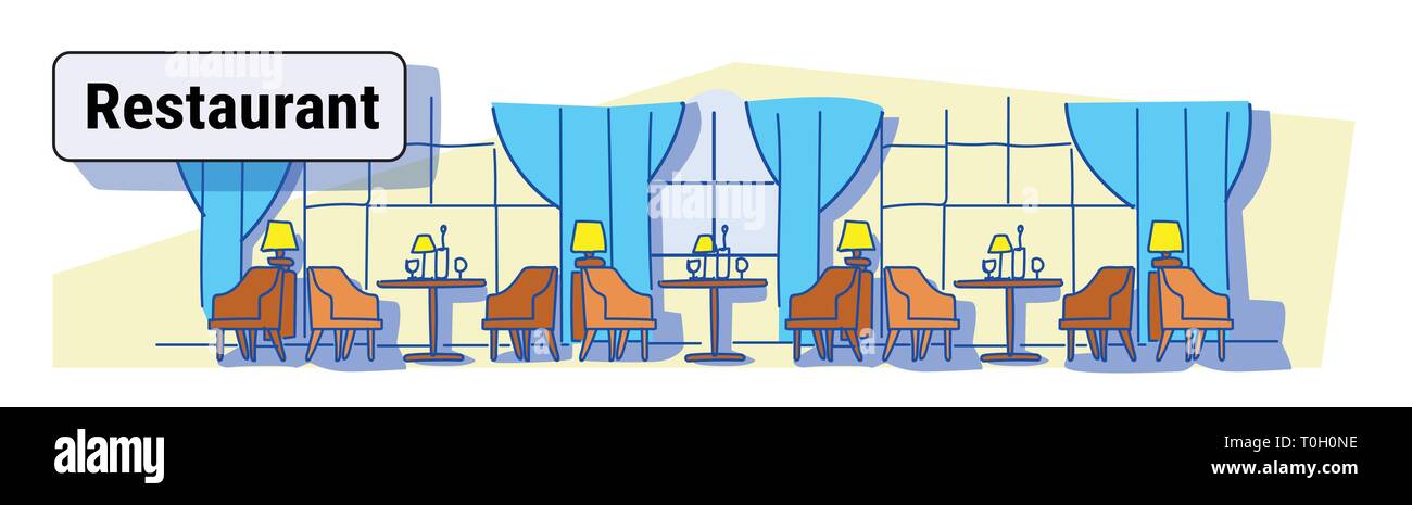 Modern Cafe Interior Design Empty No People Restaurant With Round Tables Surrounded By Chairs Colorful Sketch Flow Style Doodle Horizontal Banner Stock Vector Image Art Alamy
