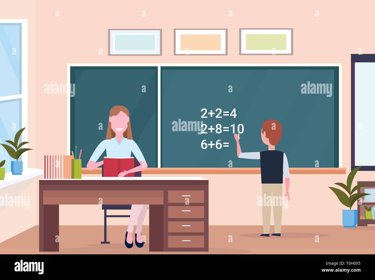 woman teacher sitting at desk schoolboy solving math problem on chalkboard during lesson education concept modern school classroom interior full Stock Vector