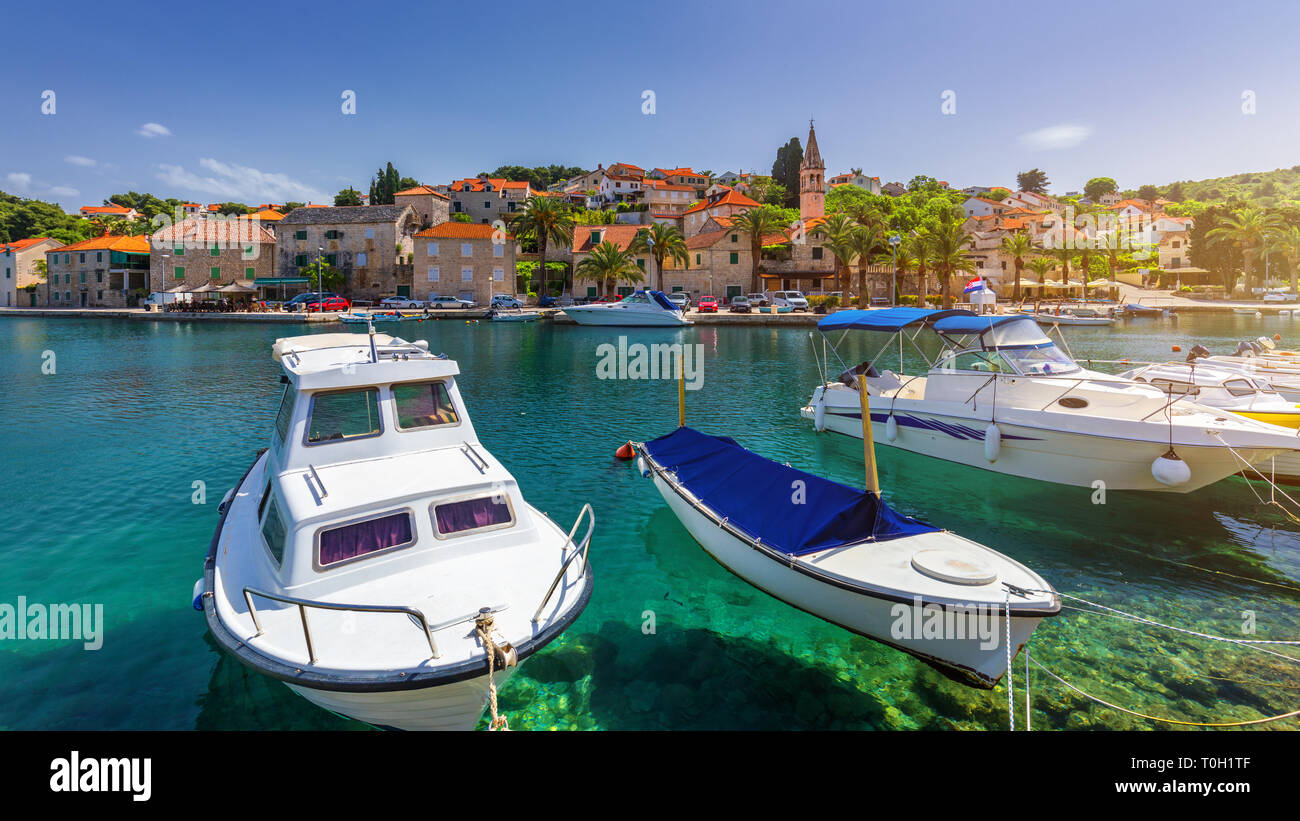 Fishing boats in Splitska village with beautiful port, Brac island ...