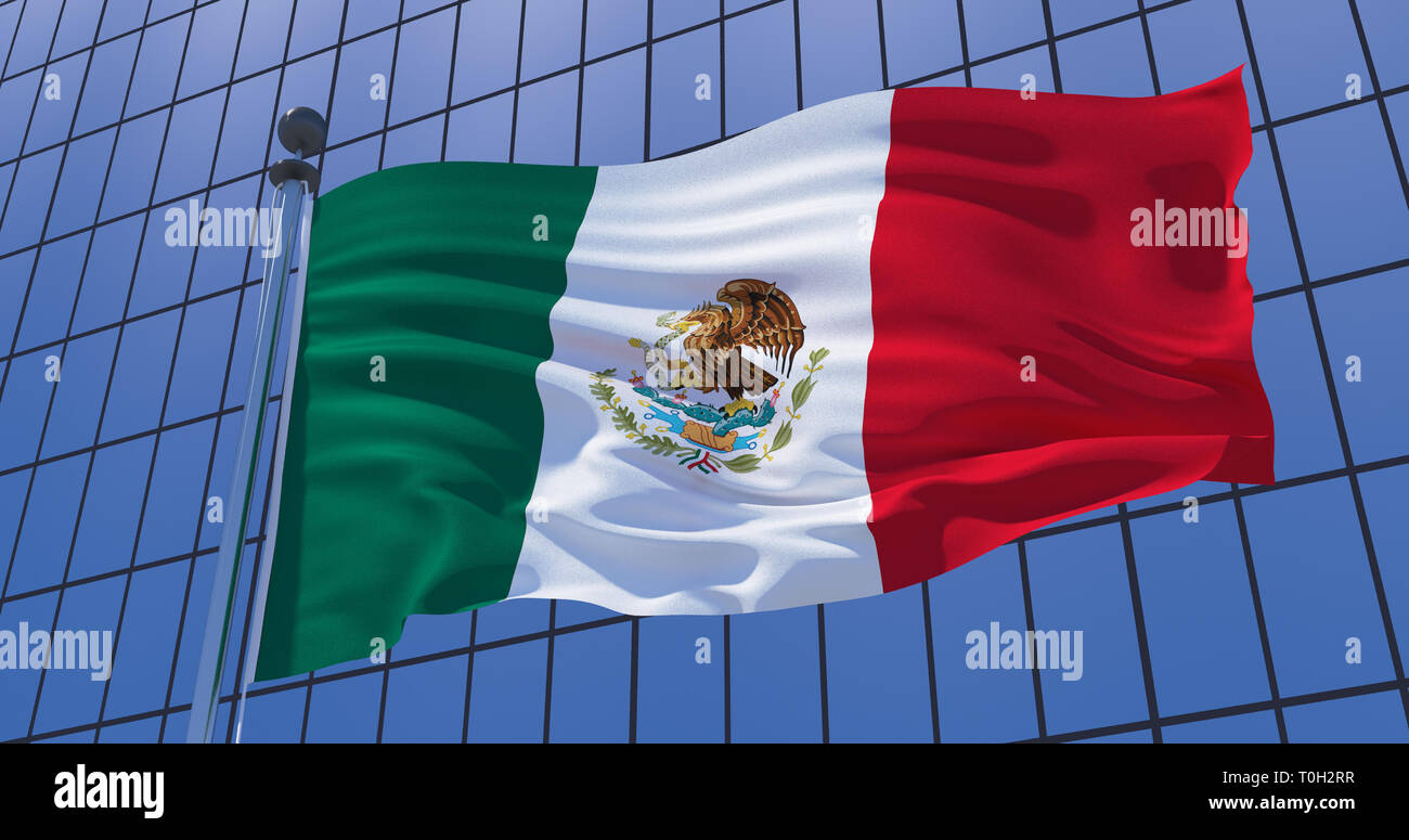 Mexican flag on skyscraper building background. 3d illustration Stock Photo