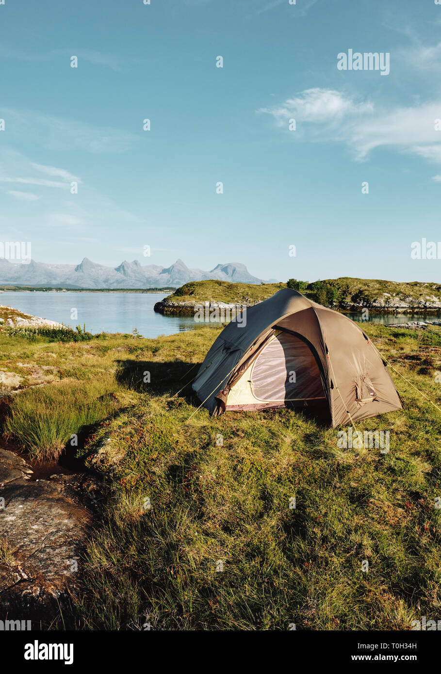 Wild Camping On South Heroy Island Overlooking The Seven Sisters Mountain Range On The Island Of Alsten In Alstahaug In Nordland Norway Stock Photo Alamy