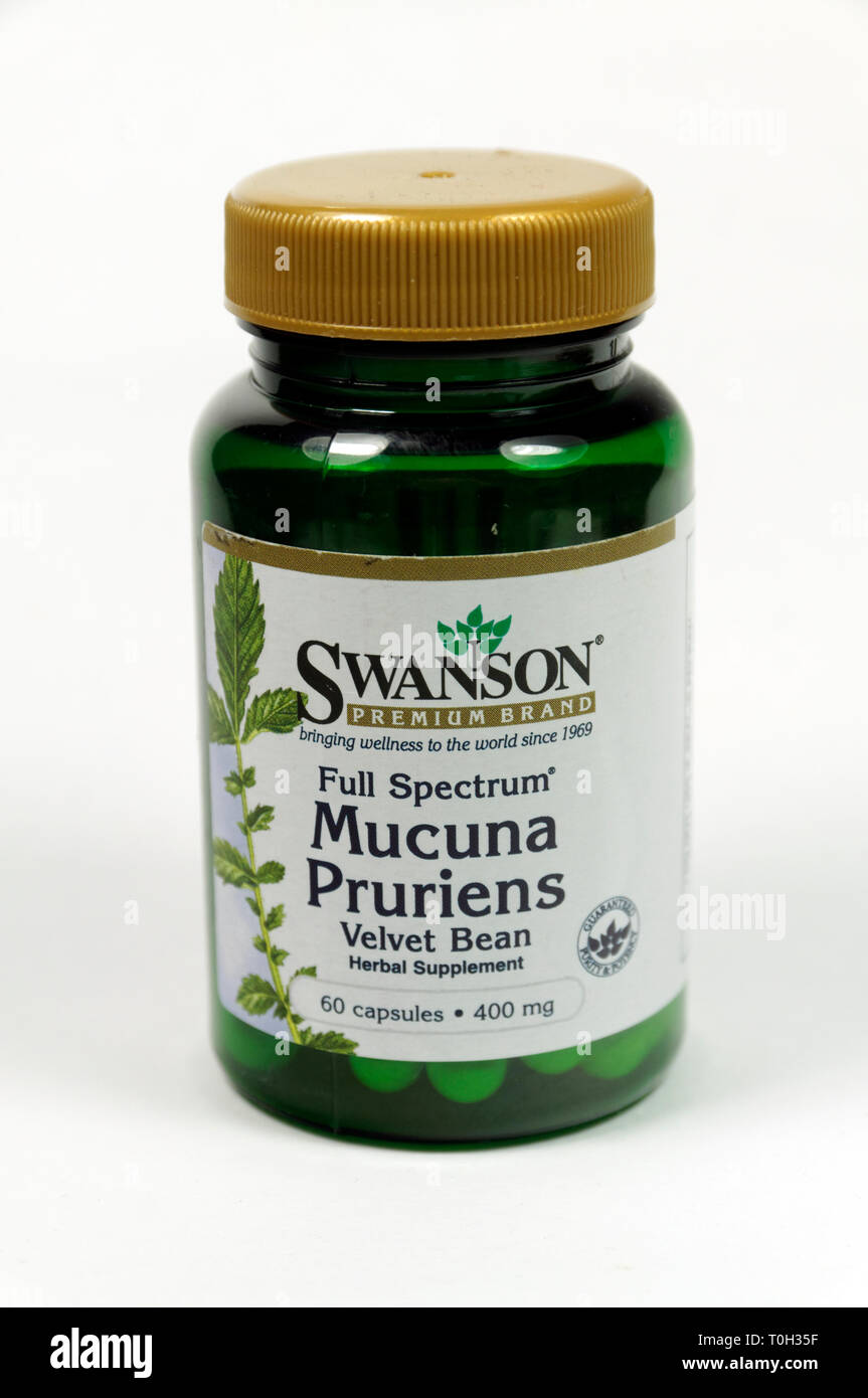 Bottle of Macuna Pruriens veltet bean herbal suppliment. Stock Photo