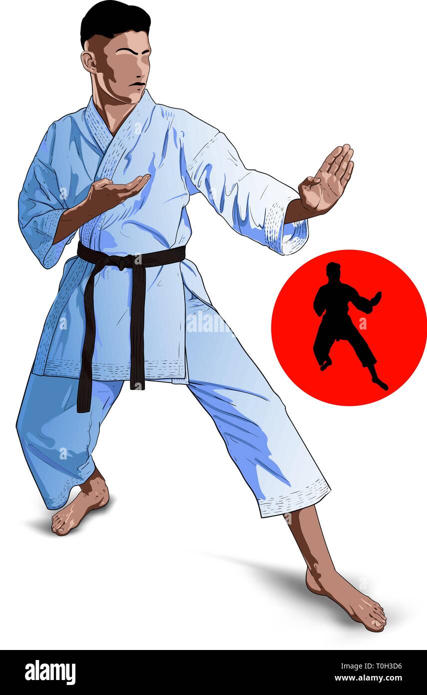 a karate man in a white kimono with a black belt performs kata Stock