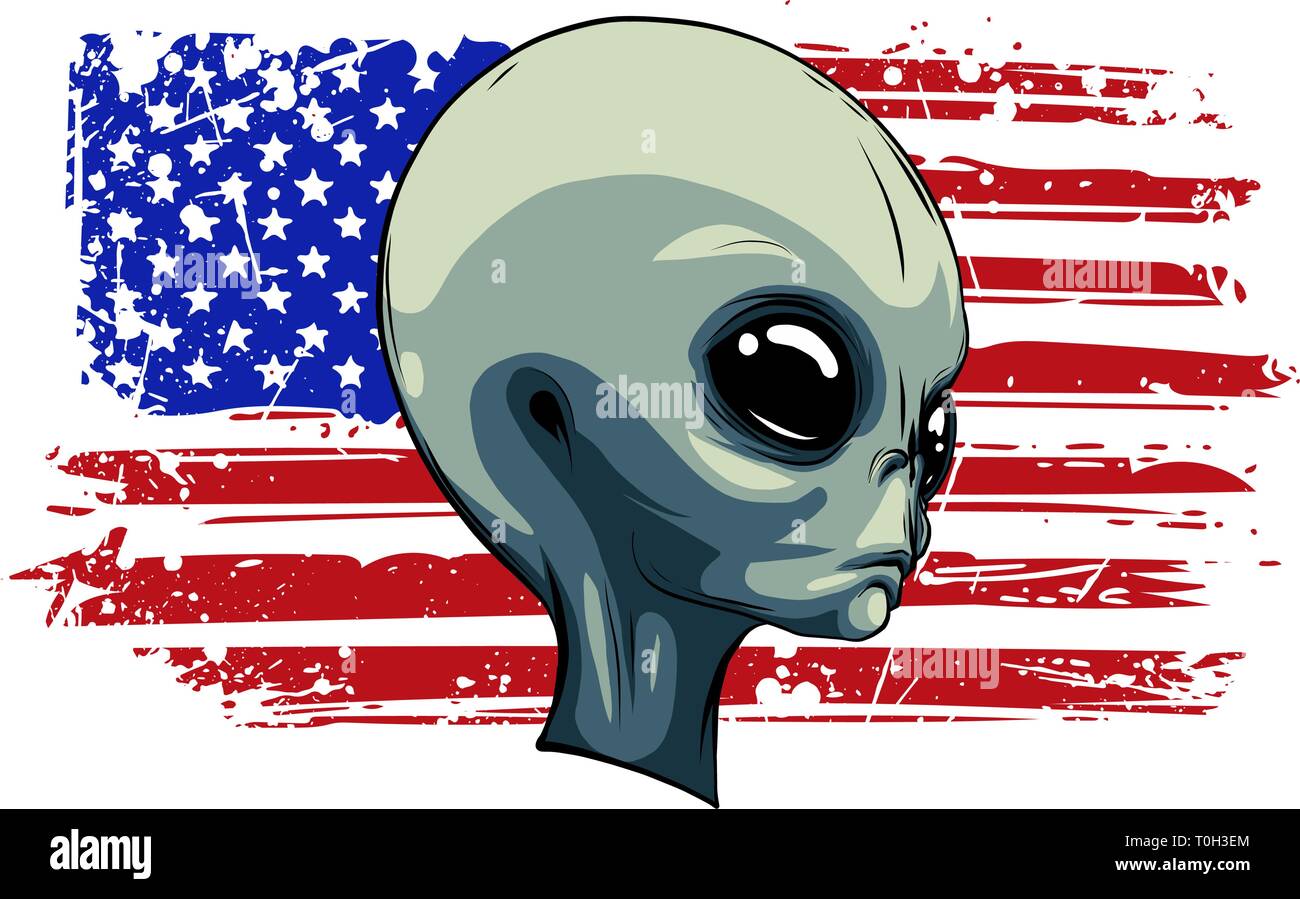 alien extraterrestrial green face with american flag Stock Vector
